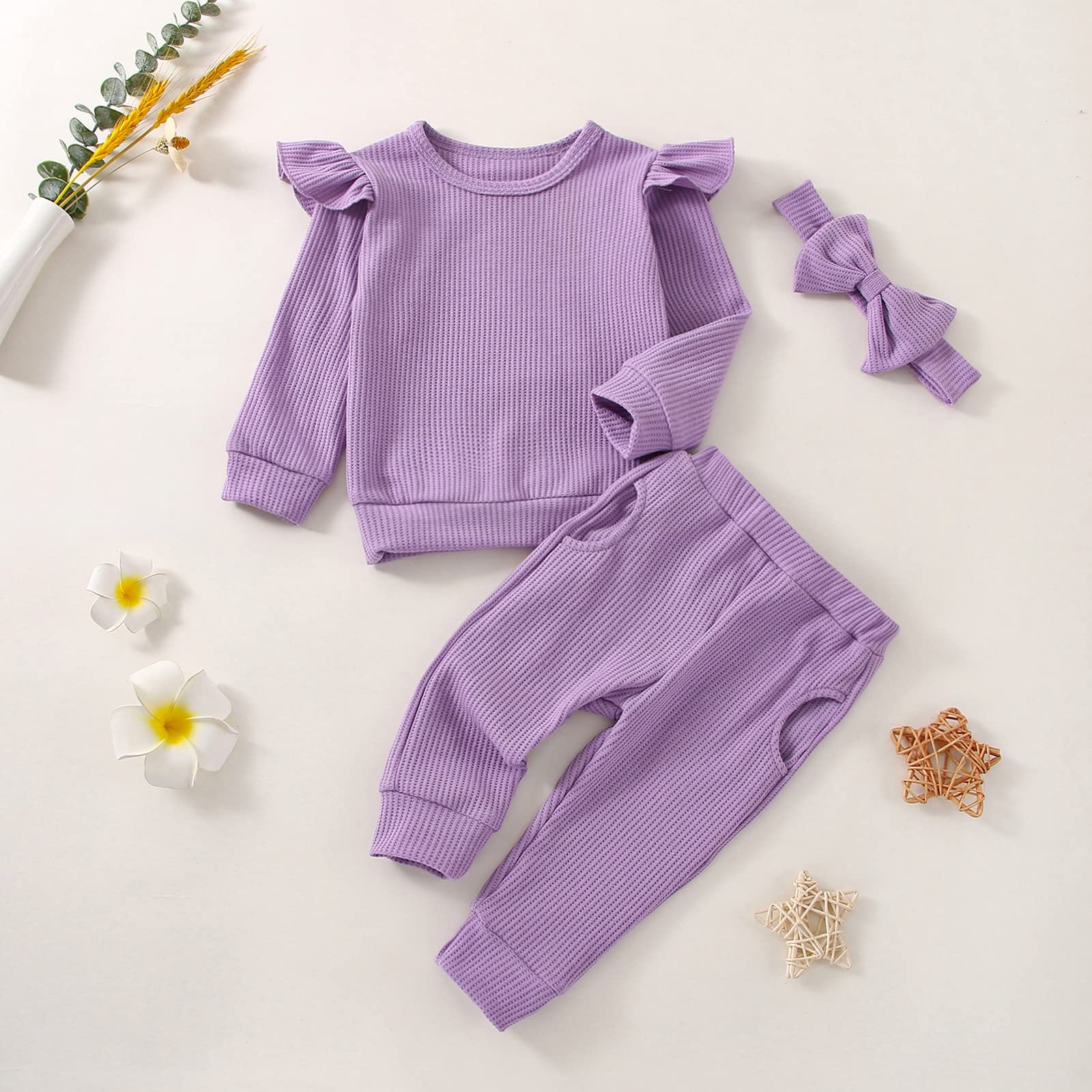 FOCUTEBB Baby Girl Clothes Fall Winter Outfits 2-3 T Infant Toddler Girls Outfit Long Sleeve Sweatshirt Pocket Pants Bow Headband Cute Baby Girl Outfits Set Purple 2T 3T