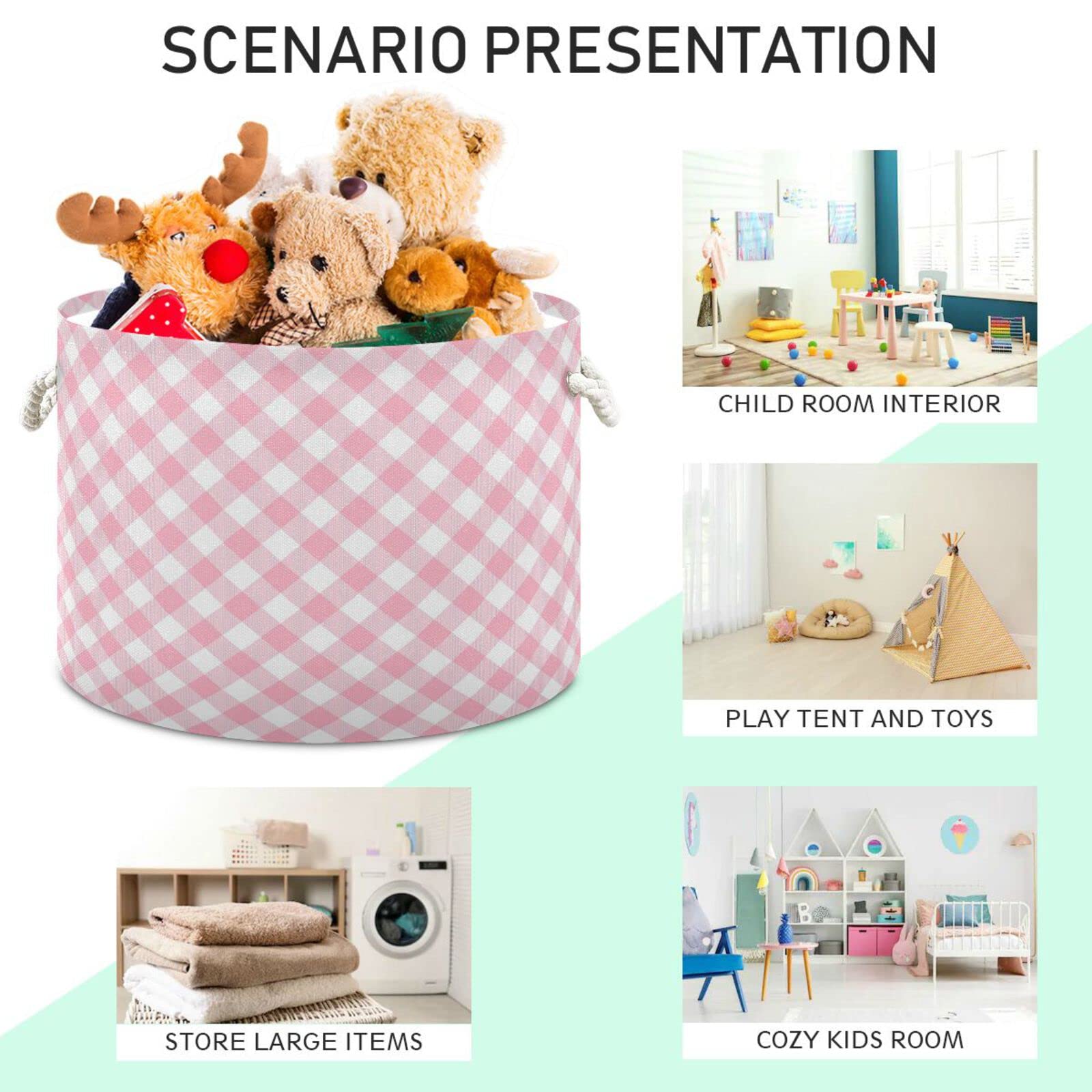 Kigai Storage Basket Pink Gingham Round Toy Baskets Foldable Nursery Organizer Waterproof Inner Layer with Sturdy Handles Clothes Laundry Hamper Bin