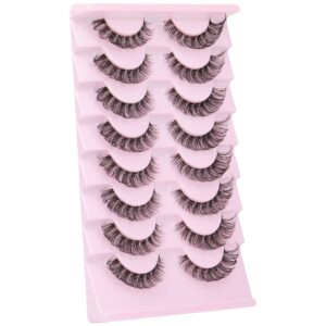 Russian Strip Lashes Natural Look Cat Eye Style with Clear Band 8 Pairs Fluffy Wispy 3D Effect False Eyelashes Thin Volume Fake Lashes Pack By GVEFETIEE