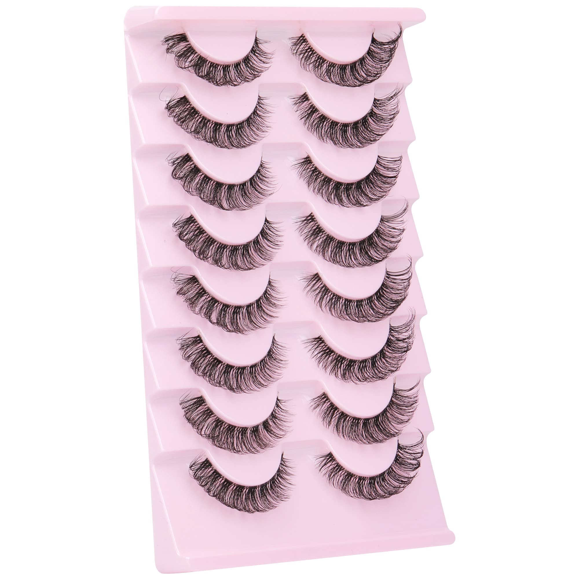 Russian Strip Lashes Natural Look Cat Eye Style with Clear Band 8 Pairs Fluffy Wispy 3D Effect False Eyelashes Thin Volume Fake Lashes Pack By GVEFETIEE