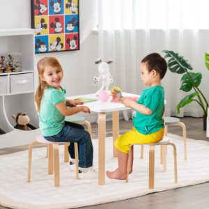 INFANS Kids Wooden Table and Stool Set, 5-Piece Activity Table with 4 Stools for Toddler Building Block Drawing Reading Art Crafts, Children Natural Furniture Set for Kindergarten Classroom