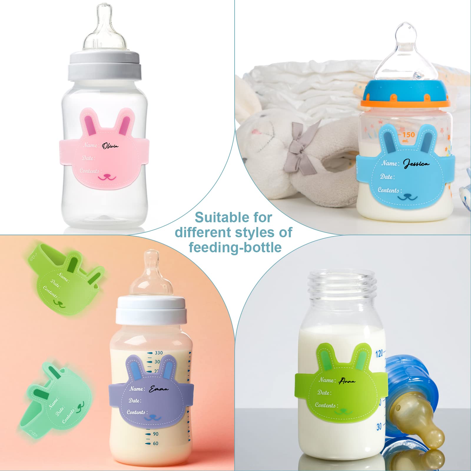 12 Pcs Baby Bottle Labels for Daycare, Silicone Daycare Bottle Labels Day Care Essentials Reusable Waterproof Water Bottle Name Bands in Shape Design with Marker Pens, 6 Colors (Rabbit Style)