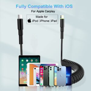 Coiled USB C to Lightning Cable MFi Certified - CarPlay Compatible Retractable iPhone Charger - Data Transmission Short iPhone Charger Cord - PD20W Fast Charging Apple Cable for iPhone14 13 12