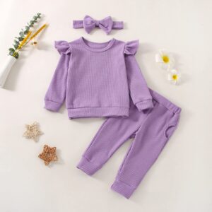 FOCUTEBB Baby Girl Clothes Fall Winter Outfits 2-3 T Infant Toddler Girls Outfit Long Sleeve Sweatshirt Pocket Pants Bow Headband Cute Baby Girl Outfits Set Purple 2T 3T