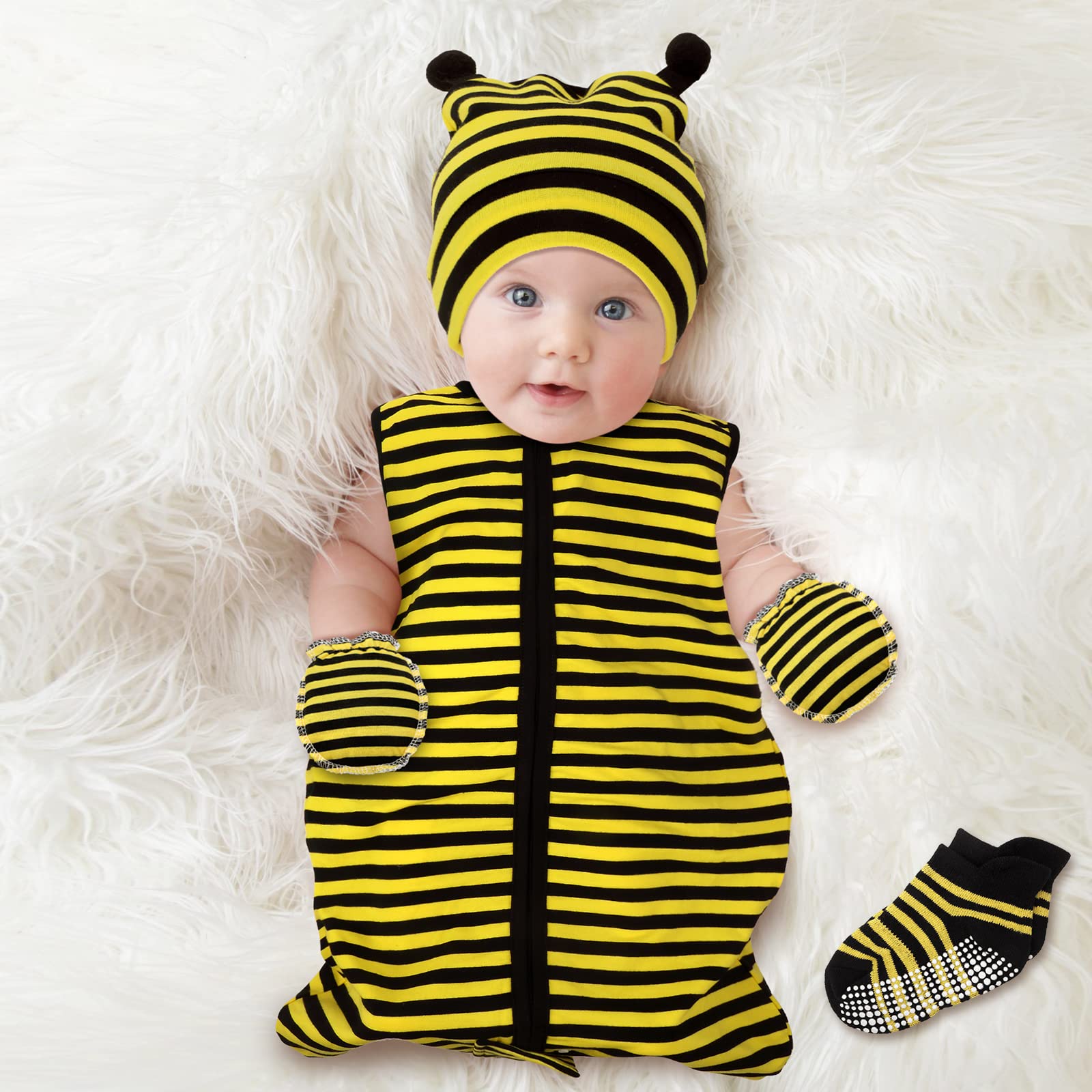 Haysandy 4 Pcs Halloween Newborn Bee Costume Blanket Baby Fleece Sleeping Sack Bee Sleeveless Swaddle Sleep Bag with Zipper(Medium)