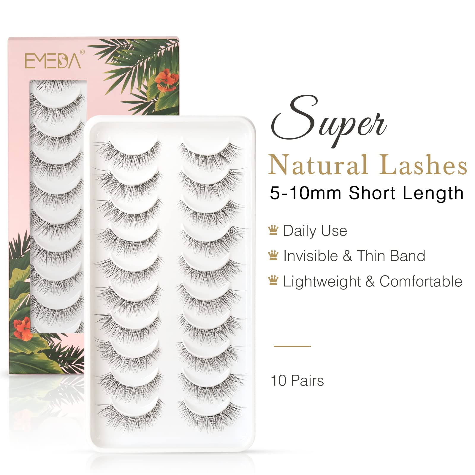 EMEDA Wispy Lashes Cat Eye Lashes with Clear Band 12mm Natural Look False Eyelashes Strip Lashes Natural Lashes Spiky Fake Natural Lashes 10 Pairs