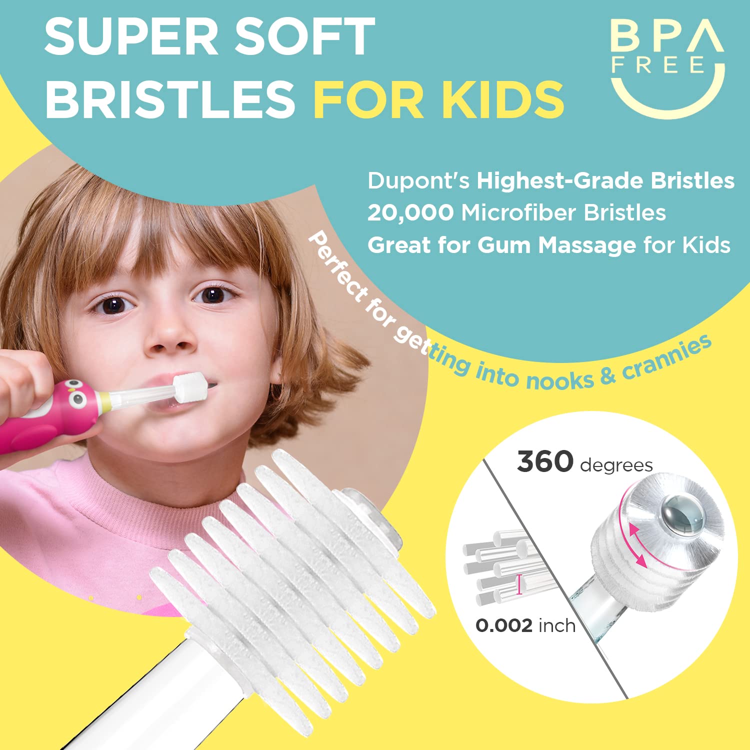 MEGATEN Kids 360 Degree Ultrasonic Electric Toothbrush Refill Brush Head - Made in Korea - Soft Microfiber Bristles - BPA Free - Over 48months, Medium 4ea