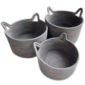 small woven baskets | mini storage bins | cotton rope baby nursery organizers | cute round cat ears basket for organizing desk decor kids toy dog cat baby girls gifts-set of 3 (grey mixed colors)