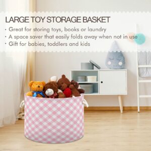 Kigai Storage Basket Pink Gingham Round Toy Baskets Foldable Nursery Organizer Waterproof Inner Layer with Sturdy Handles Clothes Laundry Hamper Bin