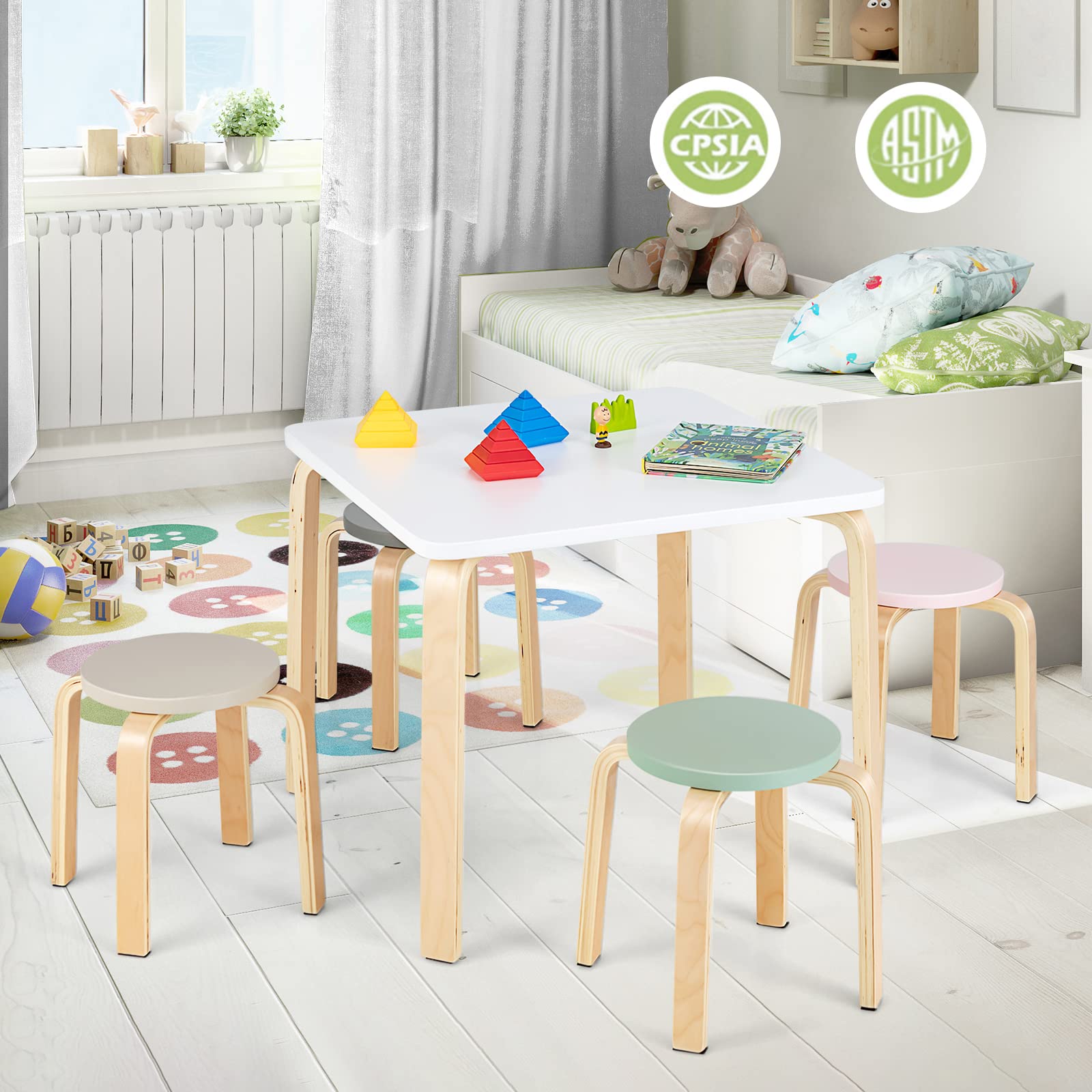 INFANS Kids Wooden Table and Stool Set, 5-Piece Activity Table with 4 Stools for Toddler Building Block Drawing Reading Art Crafts, Children Natural Furniture Set for Kindergarten Classroom