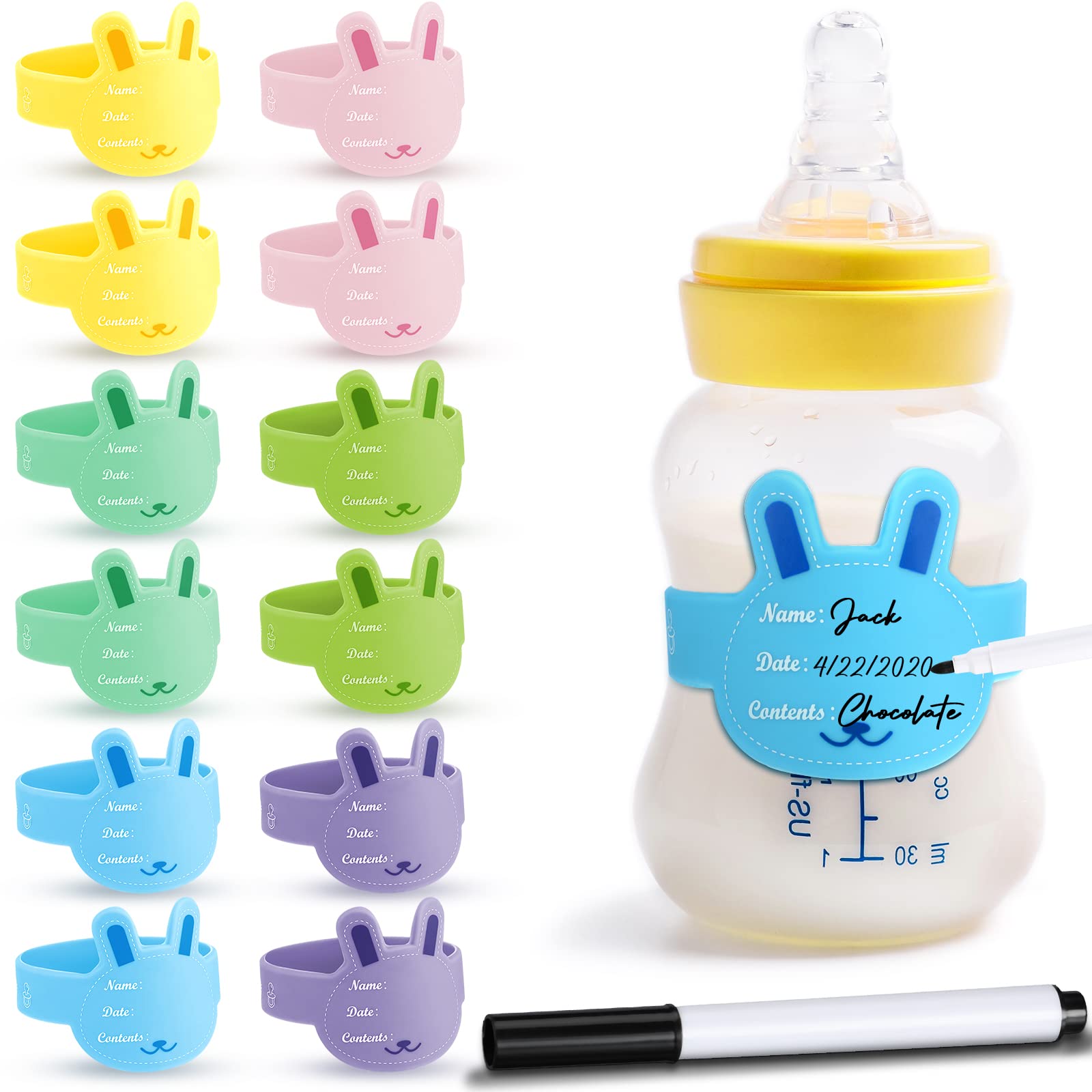 12 Pcs Baby Bottle Labels for Daycare, Silicone Daycare Bottle Labels Day Care Essentials Reusable Waterproof Water Bottle Name Bands in Shape Design with Marker Pens, 6 Colors (Rabbit Style)