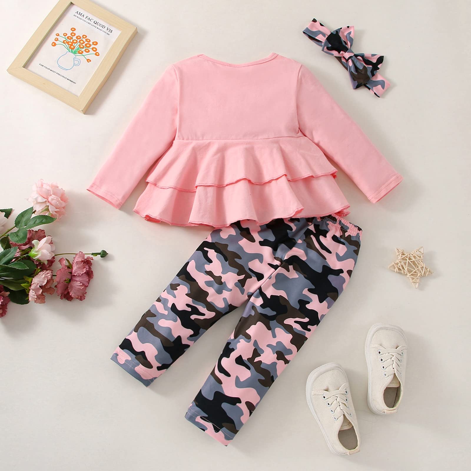 FOCUTEBB Baby Girl Clothes 12-18 Months Infant Girl Sweatshirt Outfits Fall Winter Outfits Long Sleeve Ruffle Tops Camo Pants Sets Headband Pink 12 18 Months