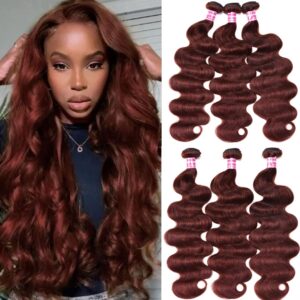 nadula 12a reddish brown body wave human hair weave 3 bundles for women, 16 18 20inch brazilian virgin remy hair bundles auburn brown copper red colored human hair wavy weaves extensions 33b color