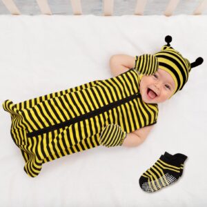 Haysandy 4 Pcs Halloween Newborn Bee Costume Blanket Baby Fleece Sleeping Sack Bee Sleeveless Swaddle Sleep Bag with Zipper(Medium)