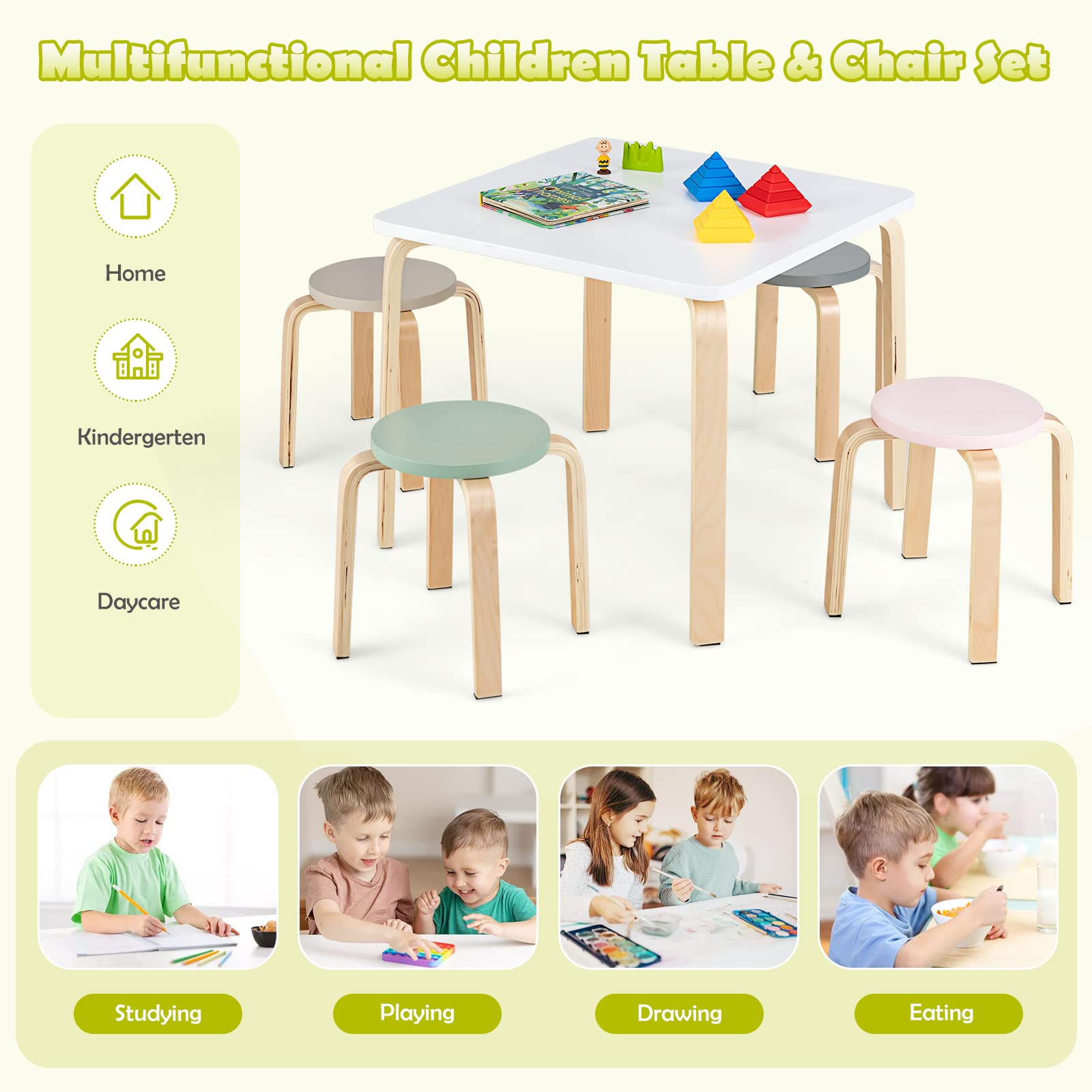 INFANS Kids Wooden Table and Stool Set, 5-Piece Activity Table with 4 Stools for Toddler Building Block Drawing Reading Art Crafts, Children Natural Furniture Set for Kindergarten Classroom