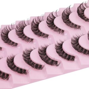 Russian Strip Lashes Natural Look Cat Eye Style with Clear Band 8 Pairs Fluffy Wispy 3D Effect False Eyelashes Thin Volume Fake Lashes Pack By GVEFETIEE