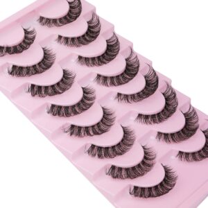 Russian Strip Lashes Natural Look Cat Eye Style with Clear Band 8 Pairs Fluffy Wispy 3D Effect False Eyelashes Thin Volume Fake Lashes Pack By GVEFETIEE