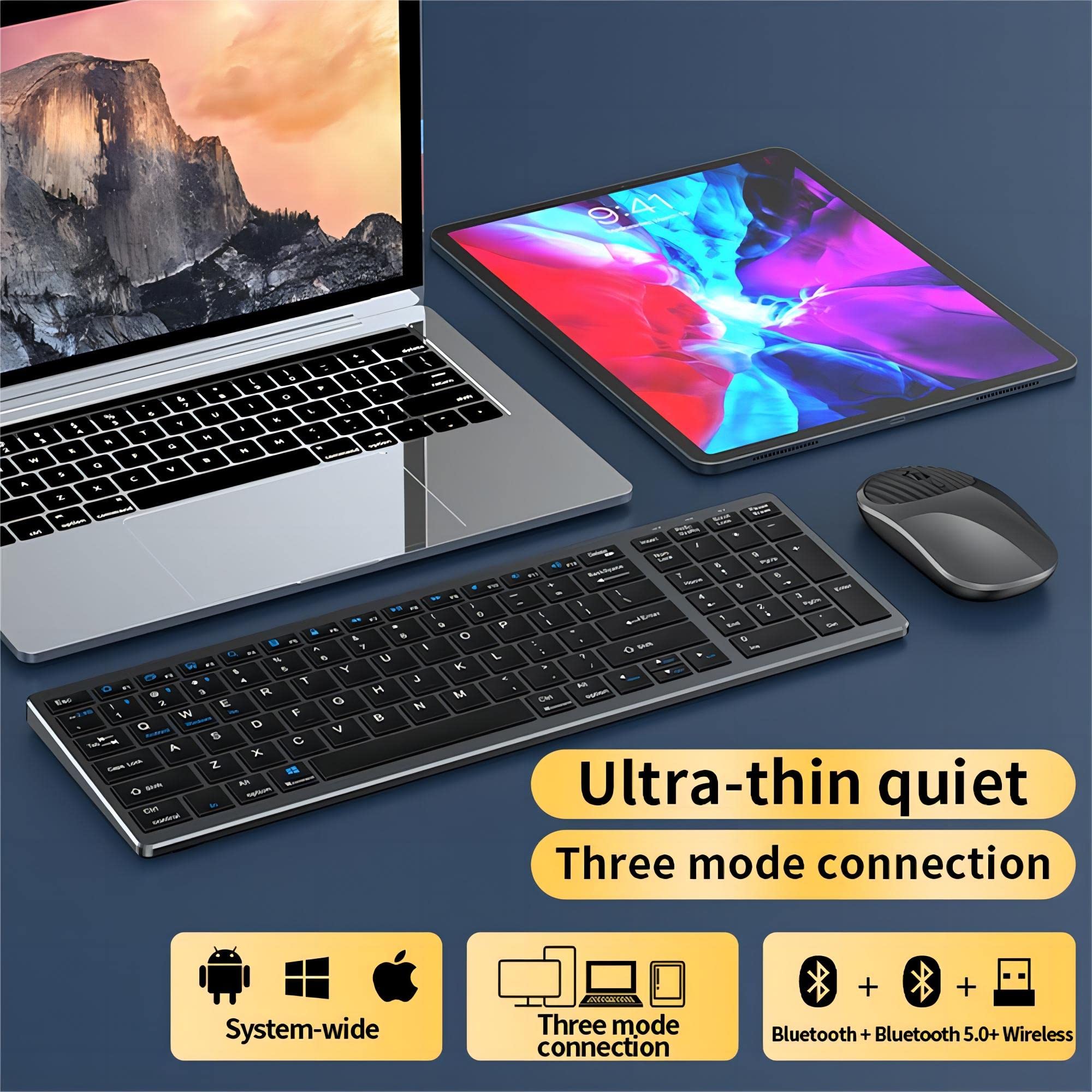 Wireless Keyboard and Mouse Combo, Bluetooth Keyboard and Mouse Rechargeable, Ultra Thin Compact Full-Size Keyboard for PC Desktop and Windows, Mac, iOS,Chrome OS, and Android Devices