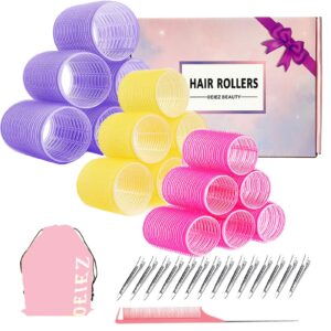 38pcs hair rollers set,hair rollers for blowout look, self sticky hair curlers, jumbo large medium sizes for short long hair,with18 rollers 18 metal clips & comb & storage bag (gift pack)