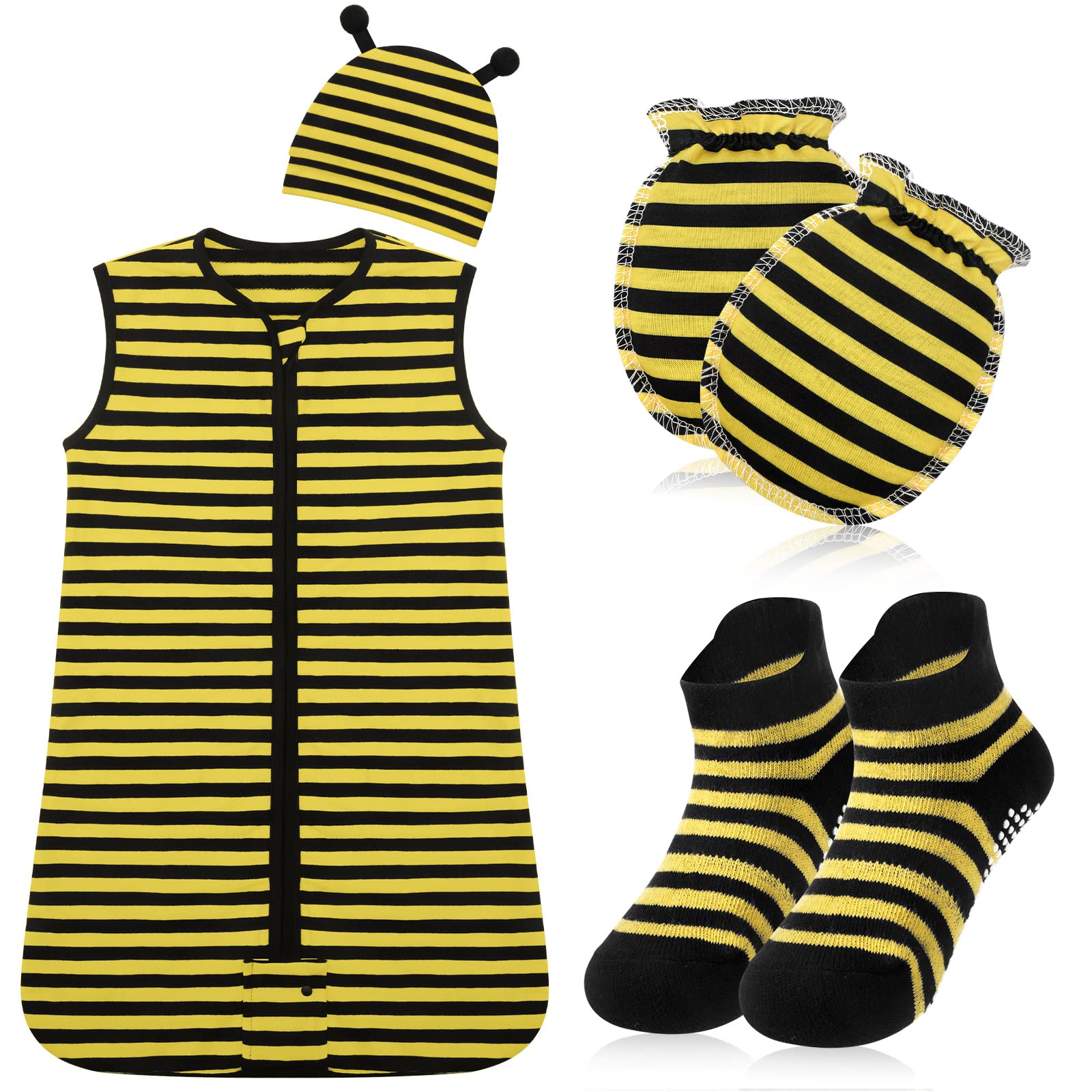 Haysandy 4 Pcs Halloween Newborn Bee Costume Blanket Baby Fleece Sleeping Sack Bee Sleeveless Swaddle Sleep Bag with Zipper(Medium)