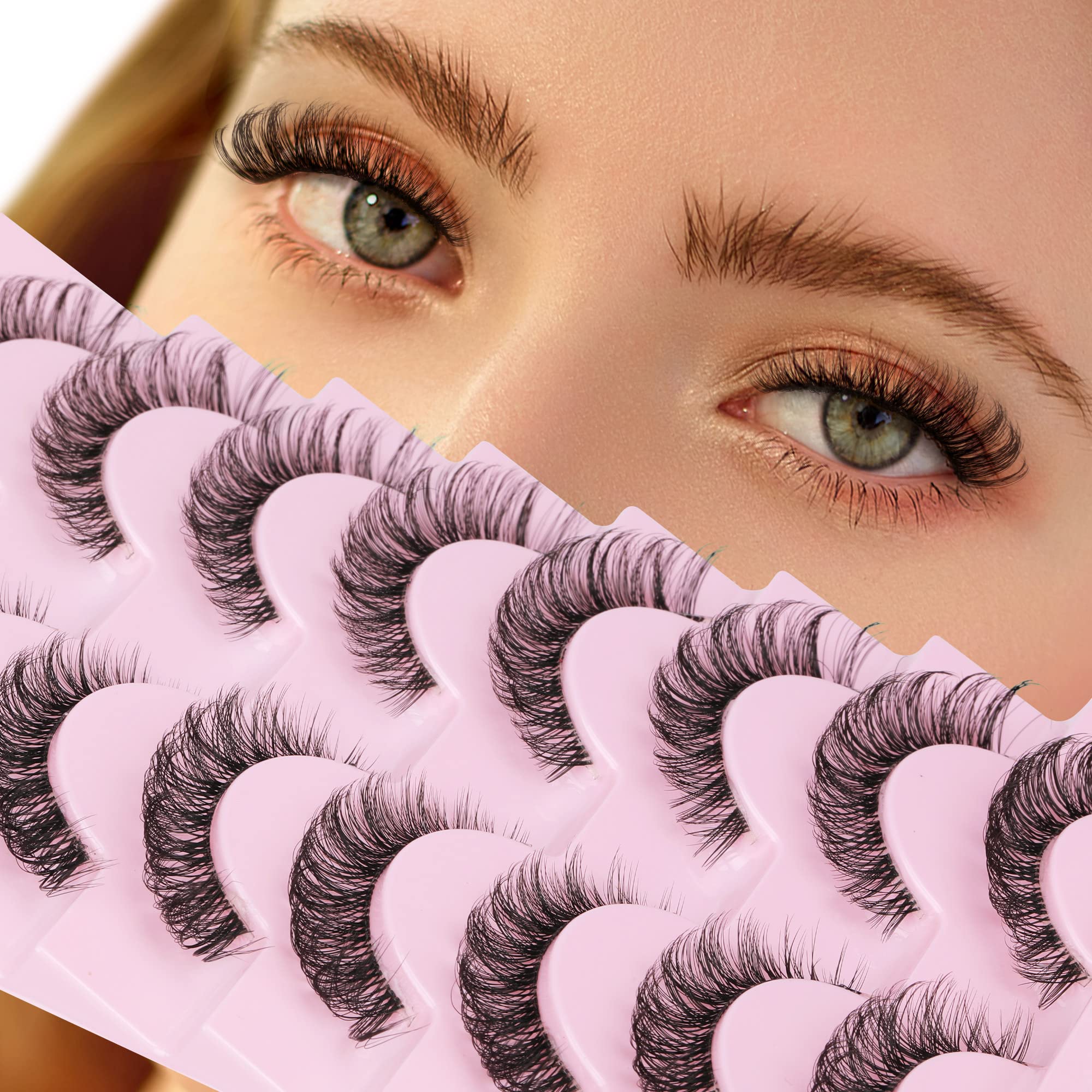 Russian Strip Lashes Natural Look Cat Eye Style with Clear Band 8 Pairs Fluffy Wispy 3D Effect False Eyelashes Thin Volume Fake Lashes Pack By GVEFETIEE