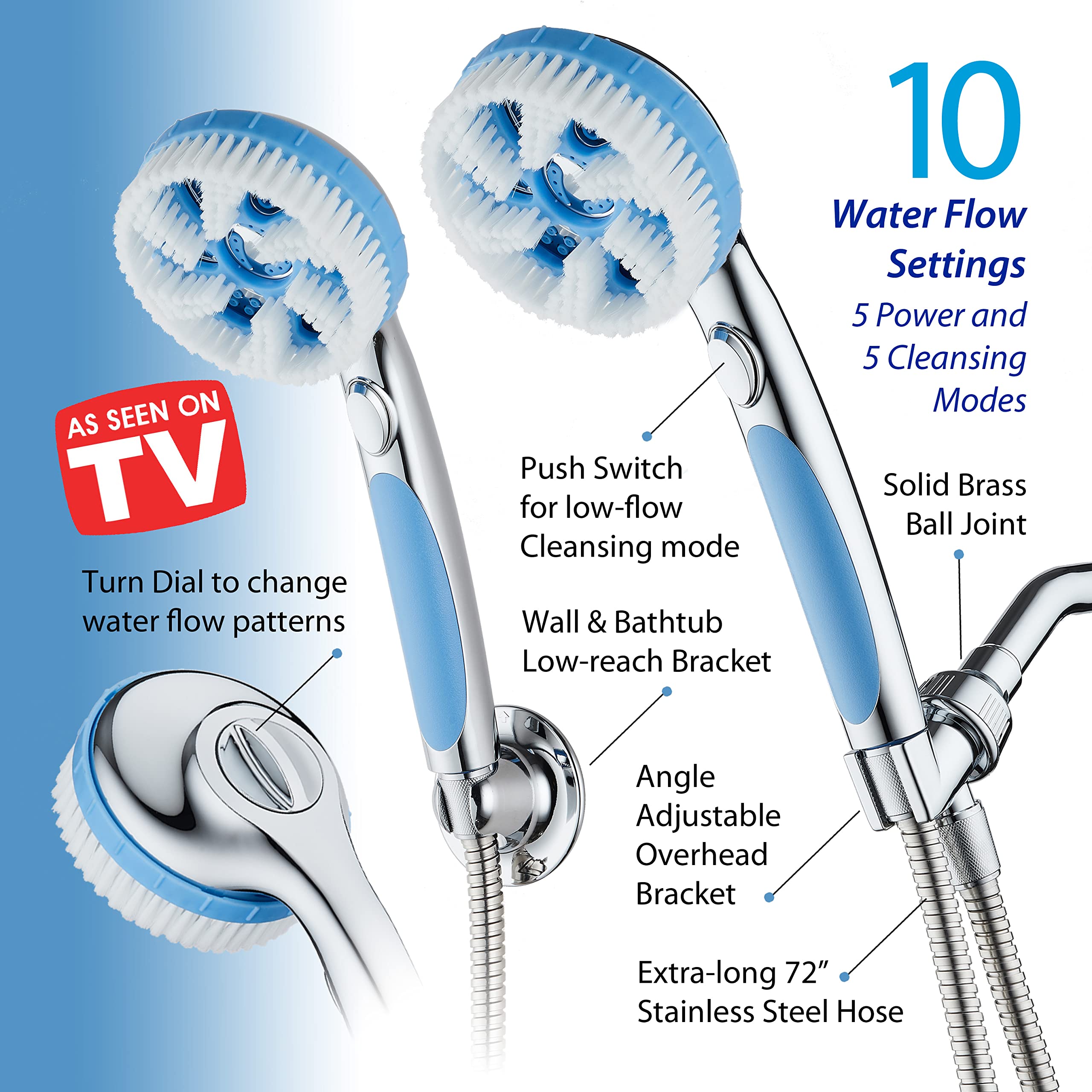 4-in-1 Aquassage by AquaCare - High Pressure 10-mode Shower Head, Hand Shower, Hydro Body Brush & Hair Brush in One! With Two Brackets, Extra-long 6 foot Stainless Steel Hose & Brush Head Holder