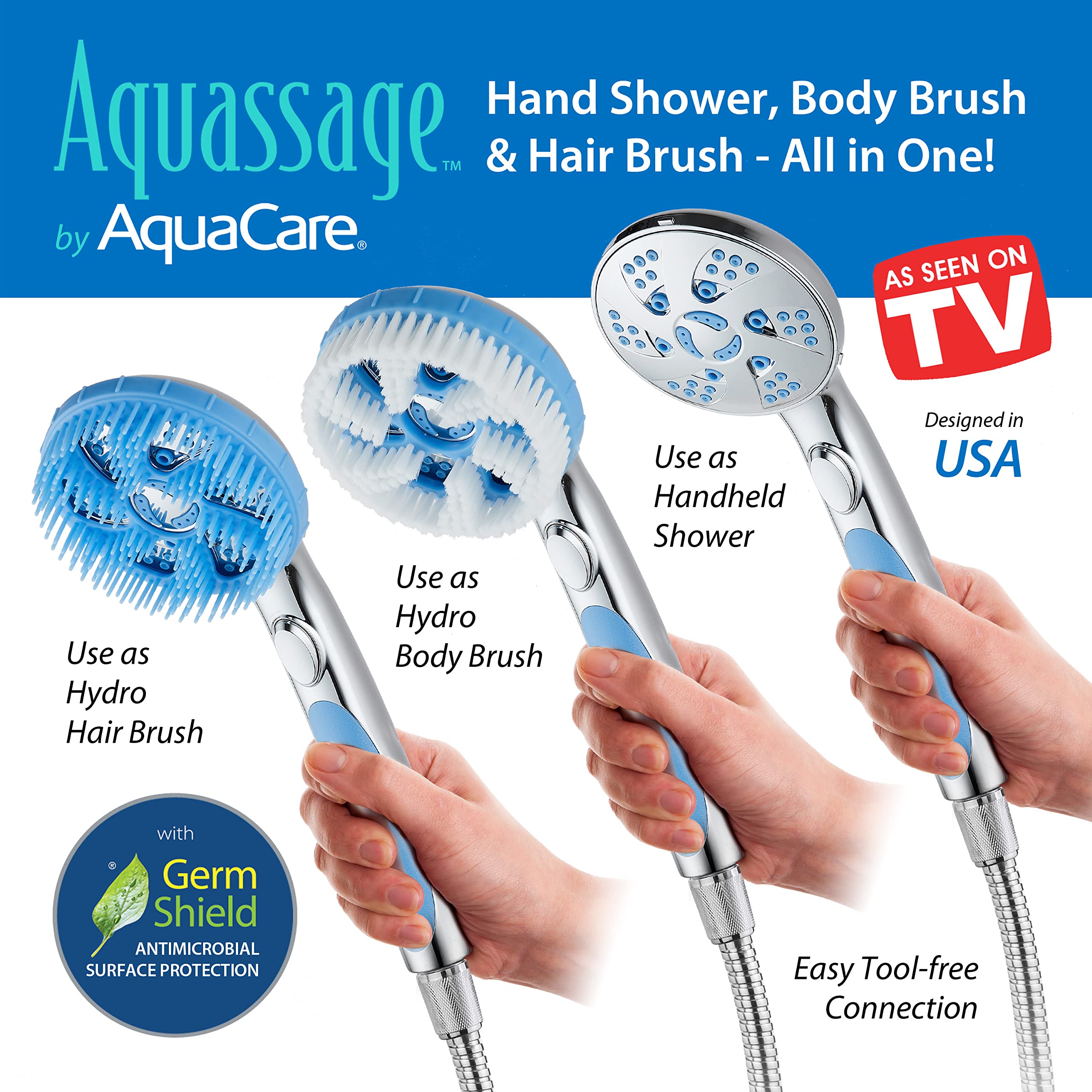 4-in-1 Aquassage by AquaCare - High Pressure 10-mode Shower Head, Hand Shower, Hydro Body Brush & Hair Brush in One! With Two Brackets, Extra-long 6 foot Stainless Steel Hose & Brush Head Holder