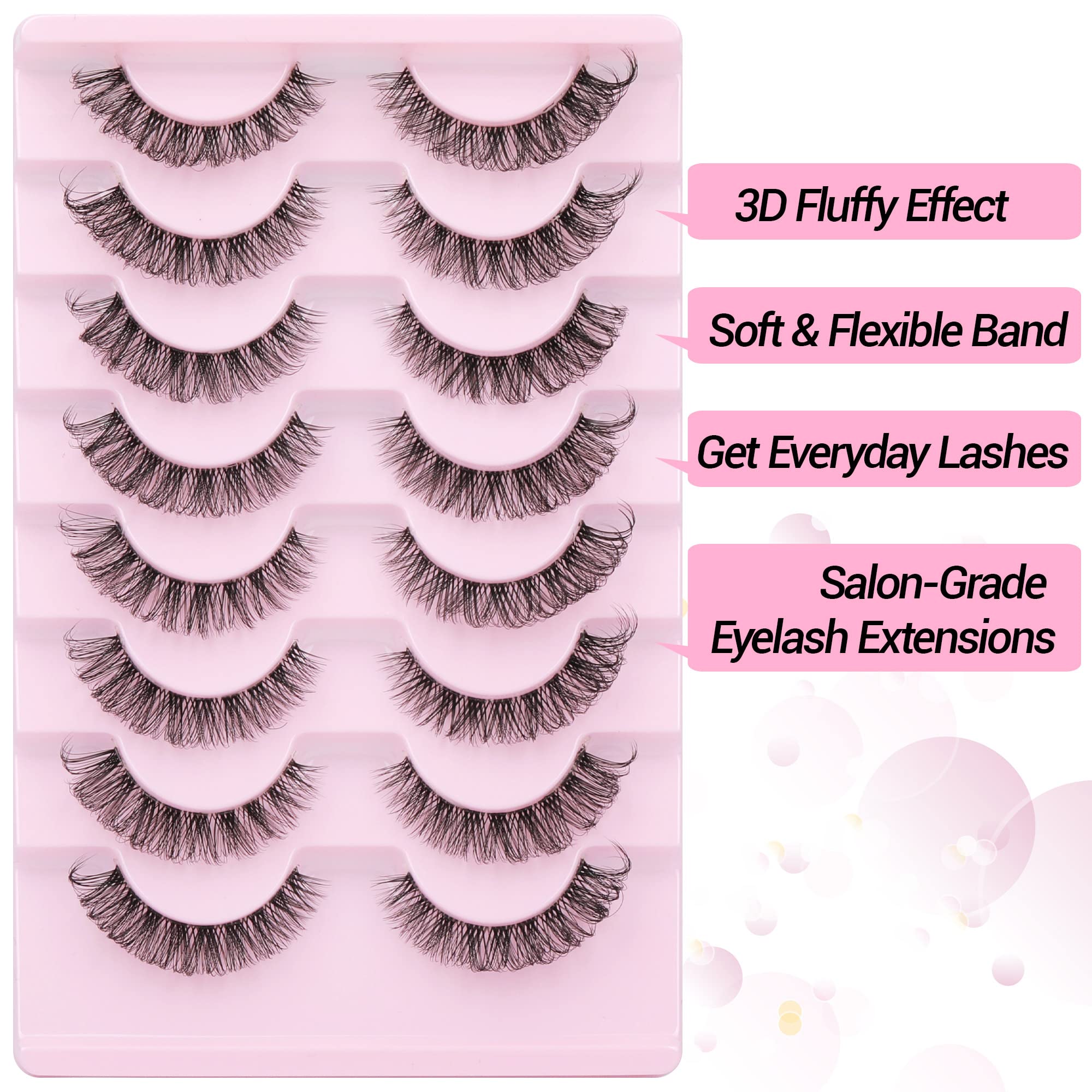 Russian Strip Lashes Natural Look Cat Eye Style with Clear Band 8 Pairs Fluffy Wispy 3D Effect False Eyelashes Thin Volume Fake Lashes Pack By GVEFETIEE