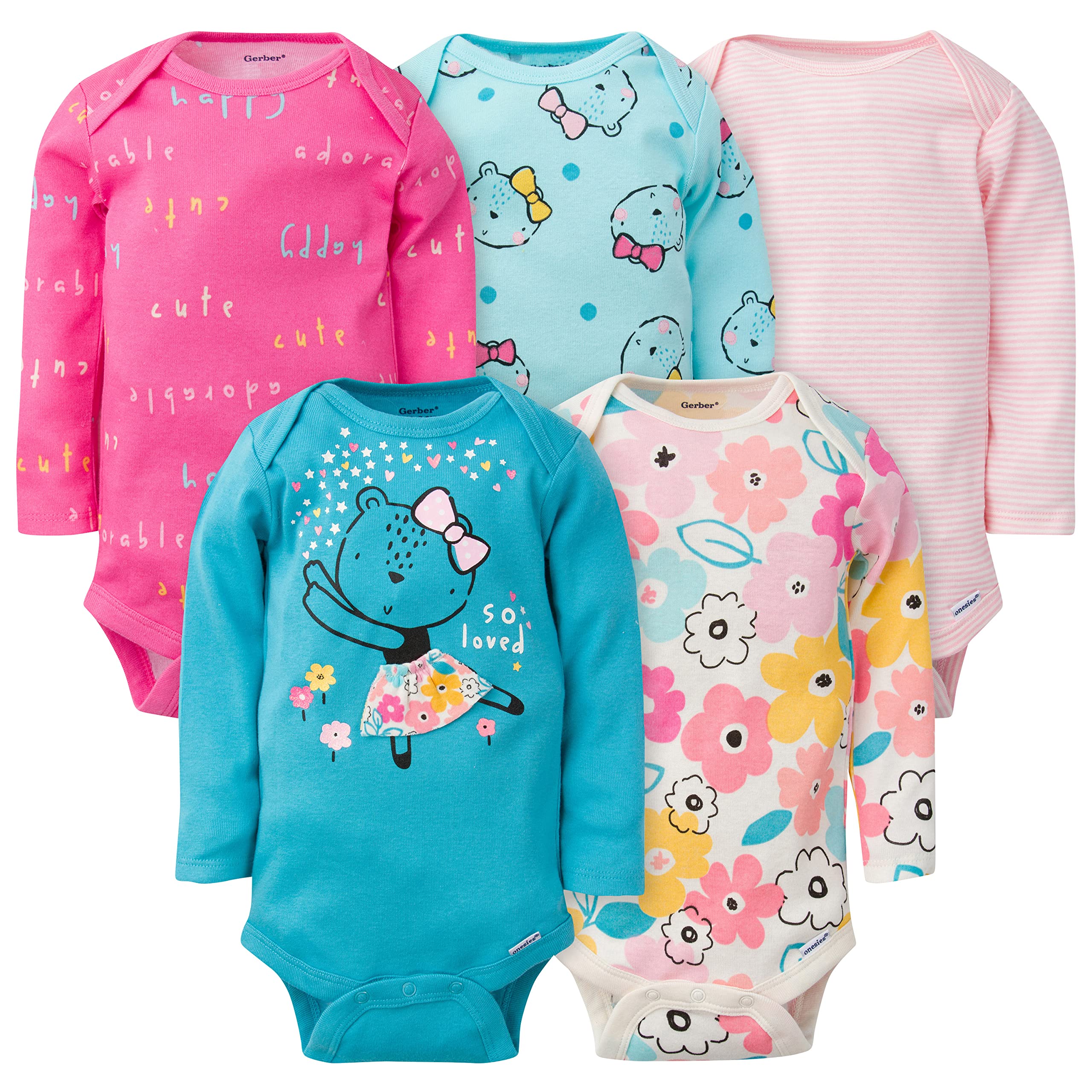 Gerber Baby Girl's 5-Pack Long-Sleeve Onesies Bodysuit, Blue Bear, 3-6 Months