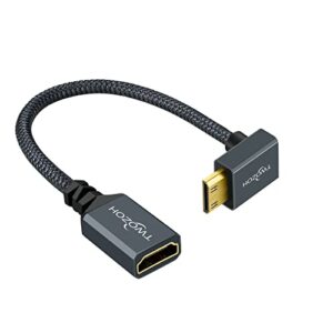 twozoh angled mini hdmi to hdmi adapter cable 0.6ft，nylon braided downward angled 90° degree mini hdmi to hdmi extension cable support 3d/4k 1080p