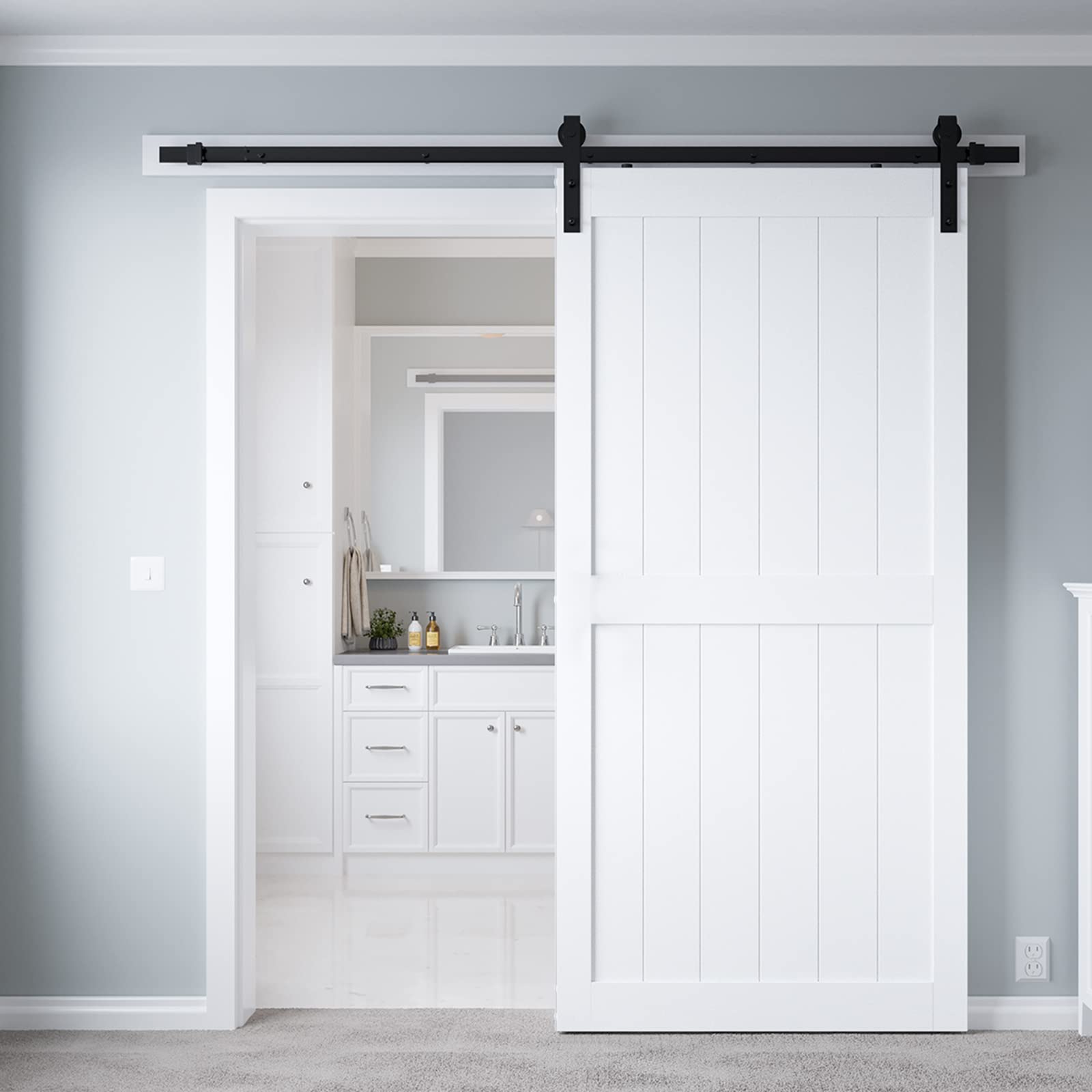 COSHOMER 42in x 84in White Sliding Barn Door, Solid Barn Door Slab Covered with Water-Proof PVC Surface, MDF, Easy Assembly, H-Frame