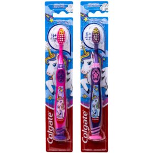 colgate kids unicorn toothbrush, with suction cup for children 5+ years old, extra soft (colors vary) - pack of 2