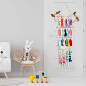 Nerien Headband Holder, Hair Bow Organizer for Girls Baby Toddler, Macrame Wood Hair Accessories Wall Closet Hanging Storage Display, for Hair Ribbons Ties Clips, with 30 Pcs Hooks for Shower Room