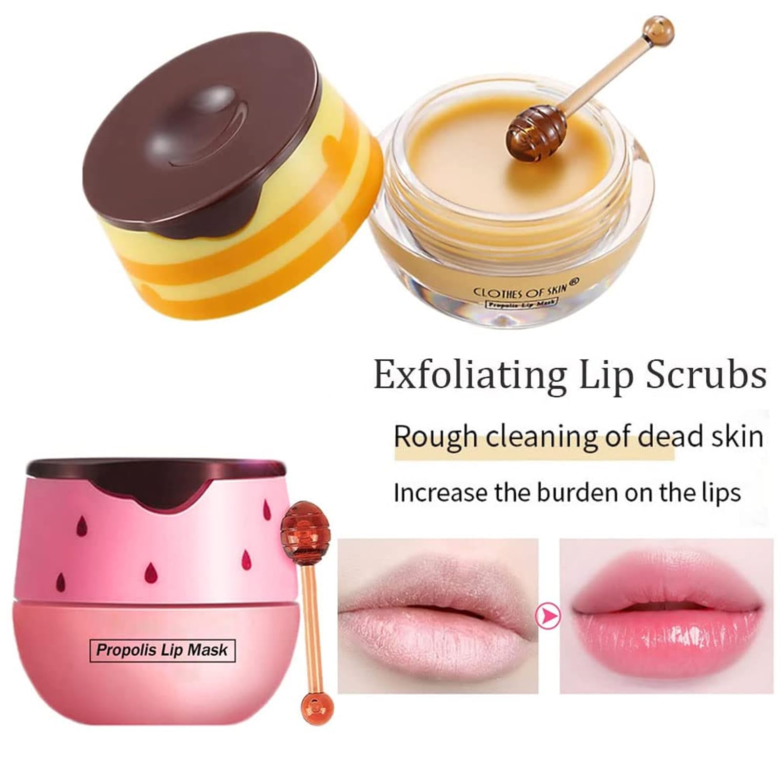 Bee Lip Balm Honey Pot, Strawberry & Honey Moisturizing Propolis Lip Mask, Hydrating & Prevention Dry and Cracked Lip Scrubs Exfoliator, Reduces Lip Lines (Yellow & Pink)