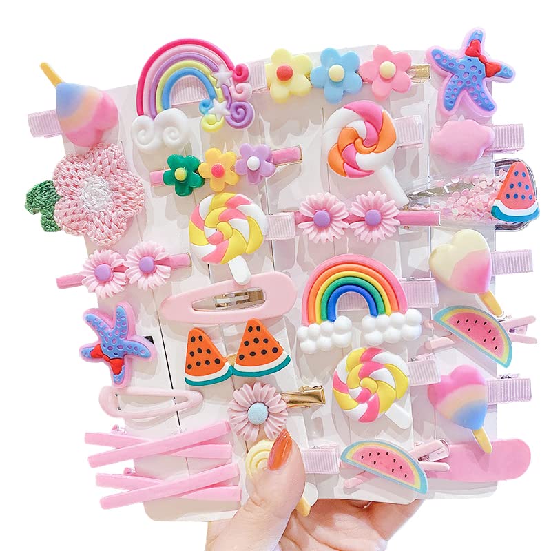 28 PCS Cute Hair Clips Fashion Girls Hair Accessories Flower Fruit Colorful Rainbow Candy Dessert Lovely Animal Barrettes Set Non-slip Metal Snap Pins for Girls Kids Teens Toddlers (Style B)