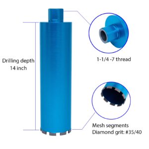 HBKEEN 3 Inch Wet Diamond Core Drill Bits, 14" Drilling Depth Core Drill Bit, 1-1/4"-7 Thread Core Drill Bit for Concrete, Reinforced Concrete, Brick, Block, Core Bit with Laser-Welded Mesh Segments