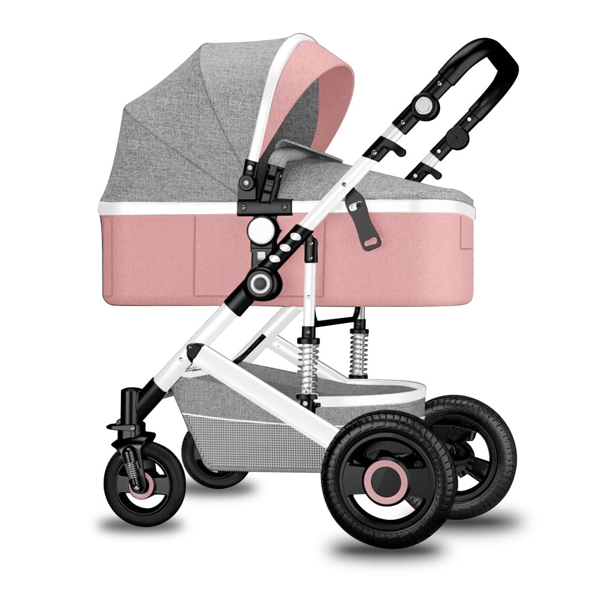 Adjustable High Landscape Toddler Stroller Bassinet Stroller Adjustable Direction,Luxury Folding Frame 2 in 1 Carriage with 5-Point Seat Belt,4 Wheels Damping (Color : Pink)