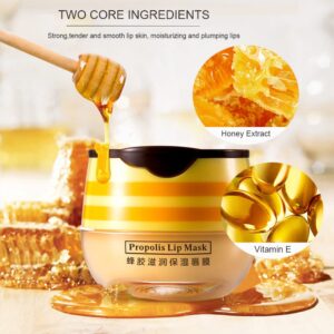 Bee Lip Balm Honey Pot, Strawberry & Honey Moisturizing Propolis Lip Mask, Hydrating & Prevention Dry and Cracked Lip Scrubs Exfoliator, Reduces Lip Lines (Yellow & Pink)