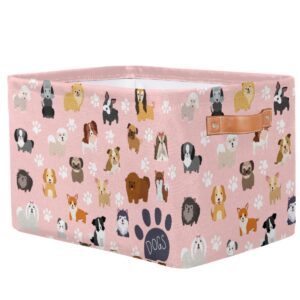 Storage Baskets with Handles, Cute Dogs Pink Storage Cube Rectangular Fabric Collapsible Toy Storage Bin Organizer for Closet Shelf Laundry Nursery Kids Bedroom, 15x11x9.5 In