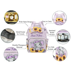 Elephant Princess Purple Sunflower Sweet Personalized Diaper Backpack with Name,Custom Travel DayPack for Nappy Mommy Nursing Baby Bag One Size