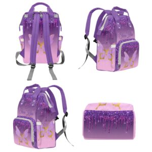 Purple Butterfly Dripping Personalized Diaper Backpack with Name,Custom Travel DayPack for Nappy Mommy Nursing Baby Bag One Size