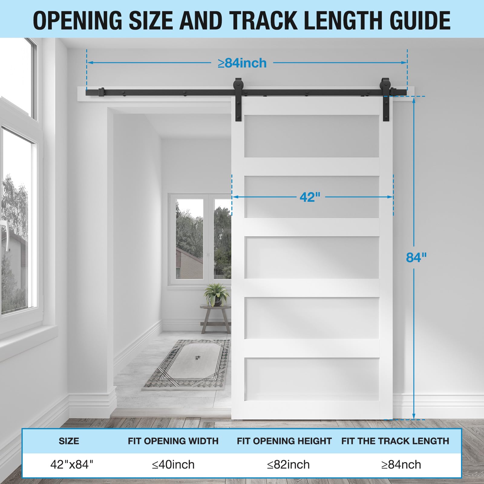 COSHOMER 42in x 84in 5-Panel Sliding Glass Barn Door Only, Easy Assembly, Waterproof, Frosted Glass - Fit Max Opening Size 40in x 82in and Min Track Length 7FT, White