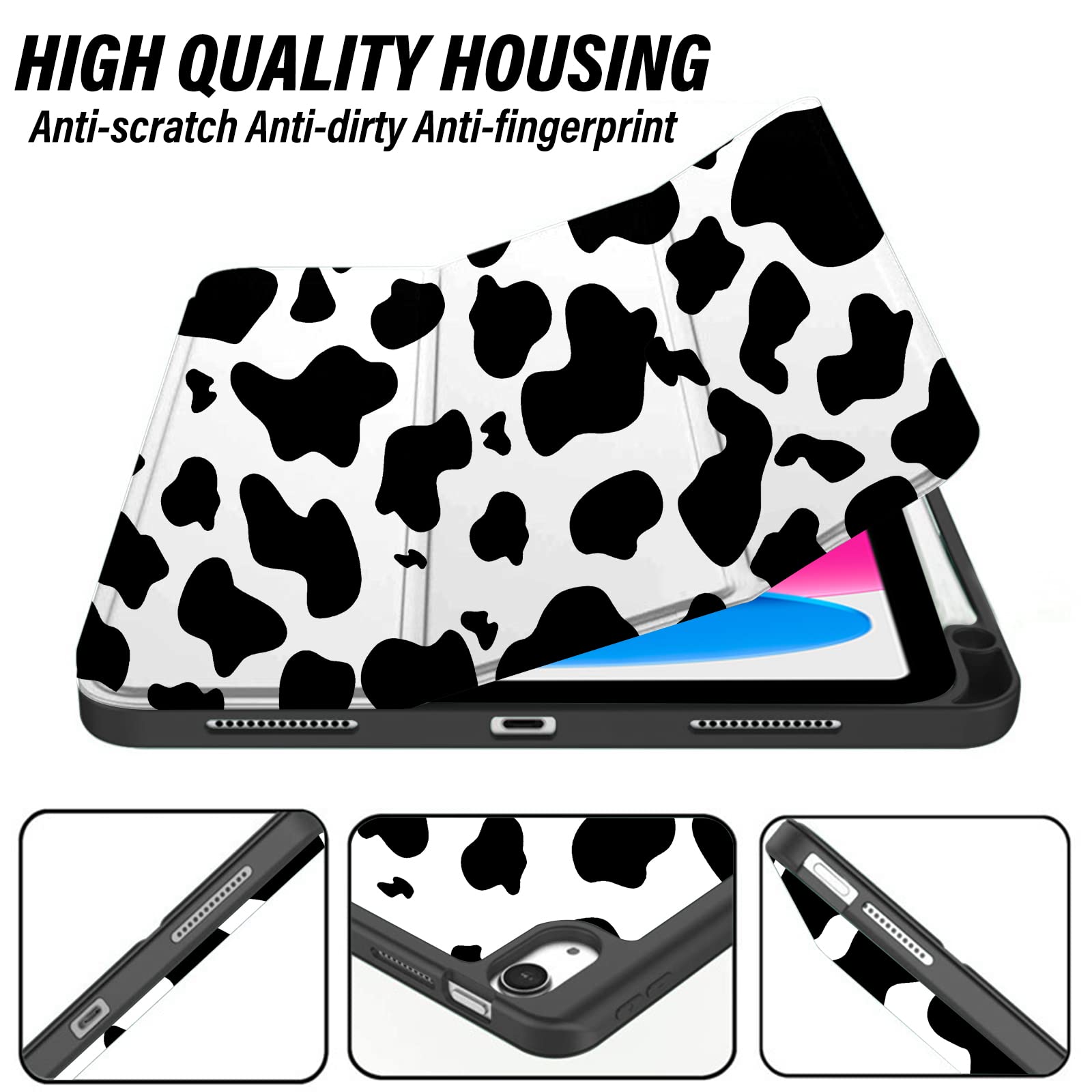 Deokke Compatible with iPad 10th Generation Case 2022,iPad 10.9 Inch Case with Pencil Holder and Soft TPU Back Case,Auto Sleep/Wake Cover-Black White Cow Pattern Western