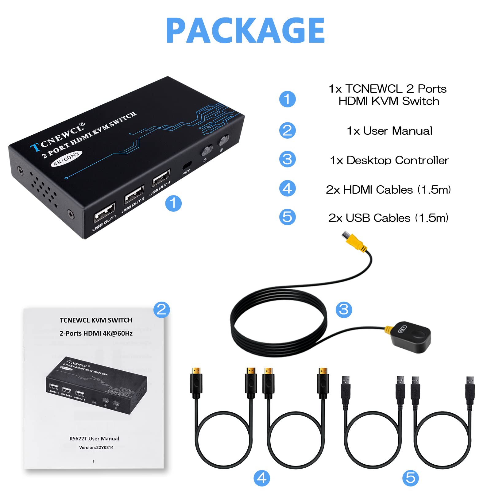 TCNEWCL HDMI KVM Switch, 4K@60Hz KVM Switch for 2 Computers Share 1 Monitor and 3 USB Devices Keyboard Mouse Printer, Included 2 HDMI Cables and 2 USB Cables