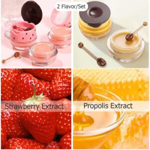 Bee Lip Balm Honey Pot, Strawberry & Honey Moisturizing Propolis Lip Mask, Hydrating & Prevention Dry and Cracked Lip Scrubs Exfoliator, Reduces Lip Lines (Yellow & Pink)