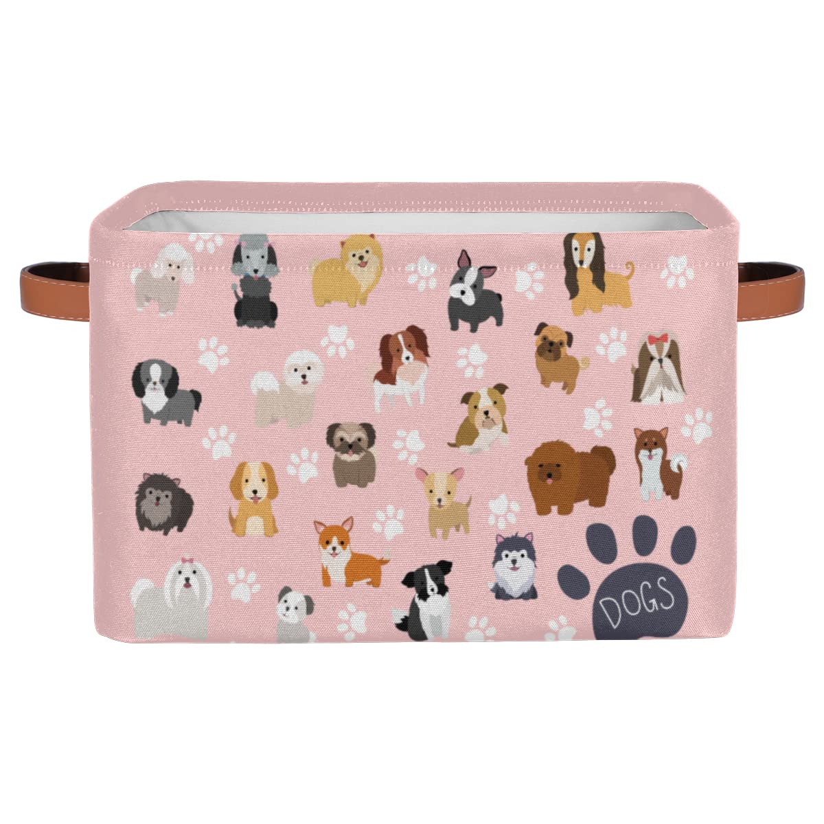 Storage Baskets with Handles, Cute Dogs Pink Storage Cube Rectangular Fabric Collapsible Toy Storage Bin Organizer for Closet Shelf Laundry Nursery Kids Bedroom, 15x11x9.5 In