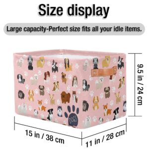 Storage Baskets with Handles, Cute Dogs Pink Storage Cube Rectangular Fabric Collapsible Toy Storage Bin Organizer for Closet Shelf Laundry Nursery Kids Bedroom, 15x11x9.5 In