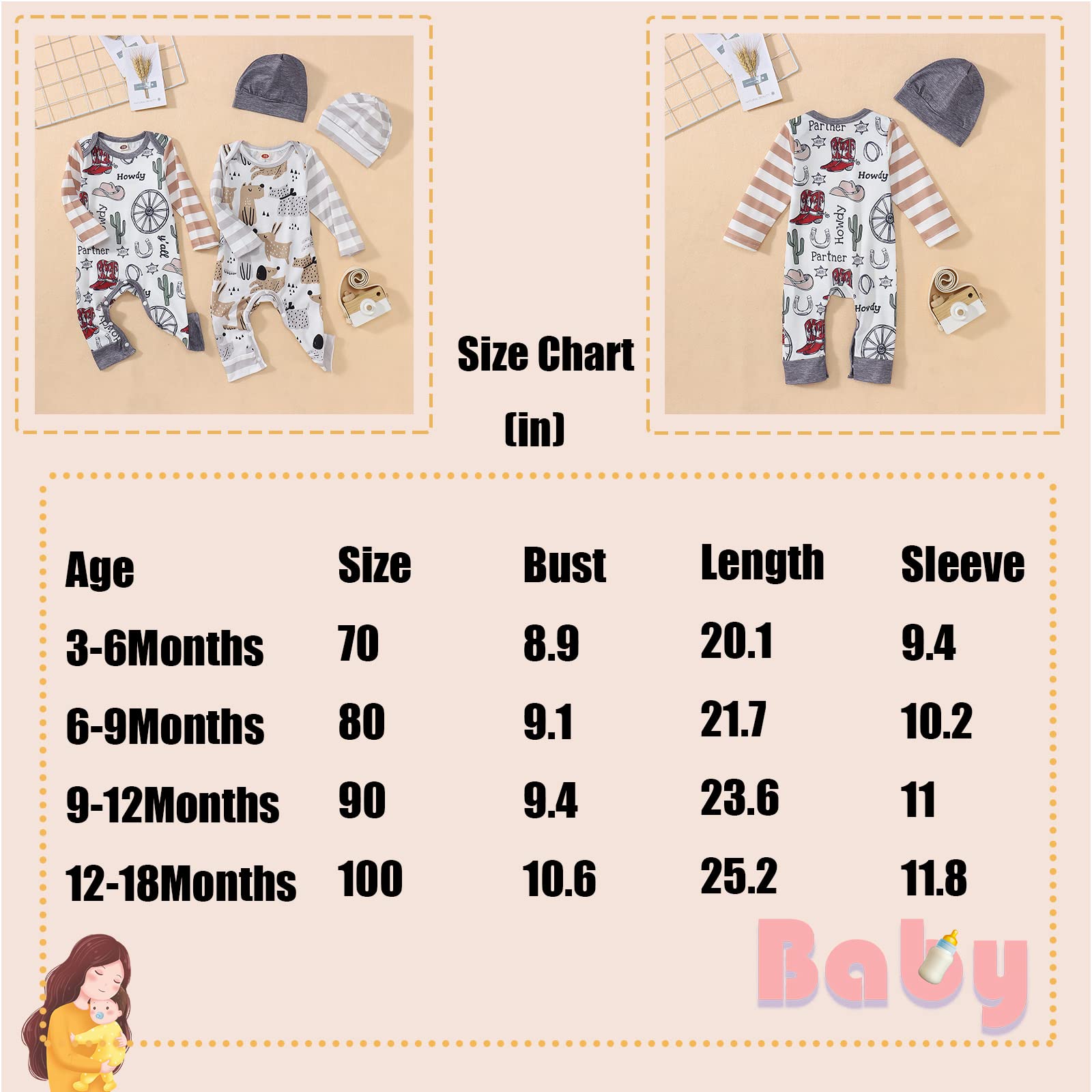 BOUTIKOME Infant Baby Boy Outfit Retro Cowboy Partner Howdy Graphic Romper Newborn Onesie Jumpsuit Hat 2Pcs Set