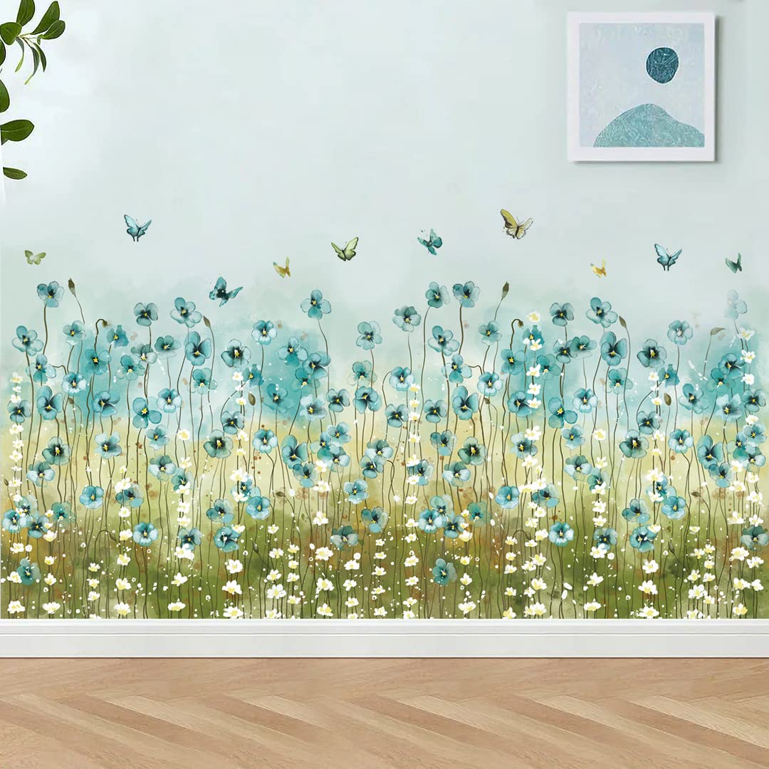 LiveGallery Blue Flowers Wall Decals White Daisy Wall Stickers DIY Peel and Stick Butterfly Plants Wall Sticker for Baby Kids Girls Bedroom Nursery Living Room Office Corners Skirting Lines