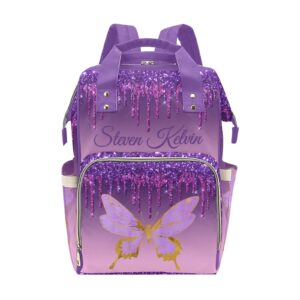 Purple Butterfly Dripping Personalized Diaper Backpack with Name,Custom Travel DayPack for Nappy Mommy Nursing Baby Bag One Size